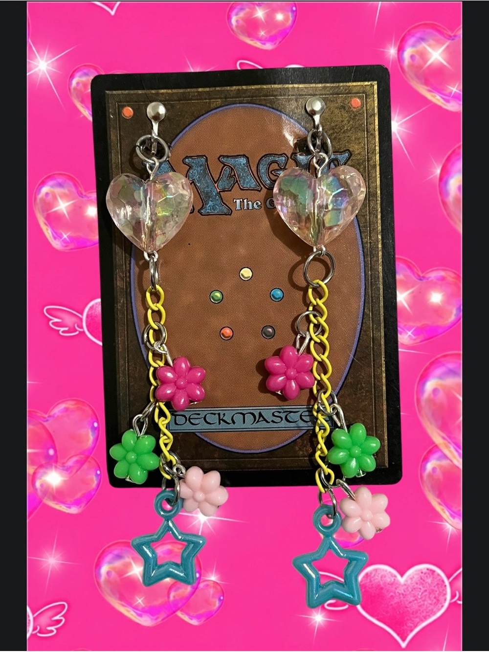 Clear Heart Multi-Color Kids Dangle Earrings with Star & Flower Charms